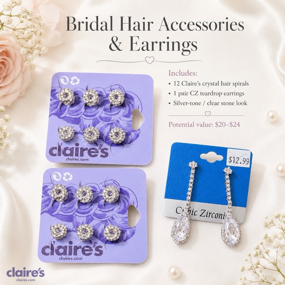 Claire's Bridal Wedding Hair Spirals & Cubic Zirconia Drop Earrings Silver Lot